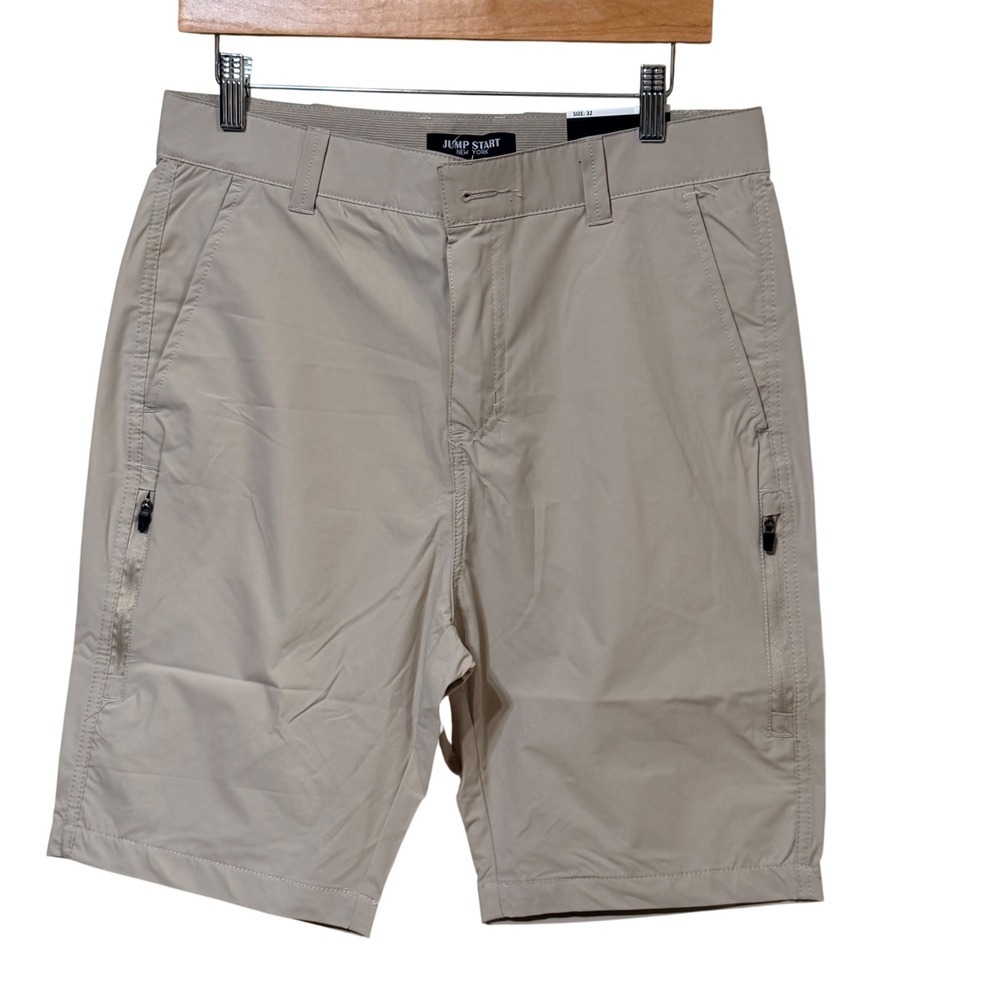Jump Start New York Mens Tan Cargo Shorts Size 32 Stretch Cotton Zip Pockets NEW